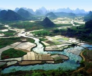 yapboz Kırsal Çin, nehir ve pirinç tarlaları